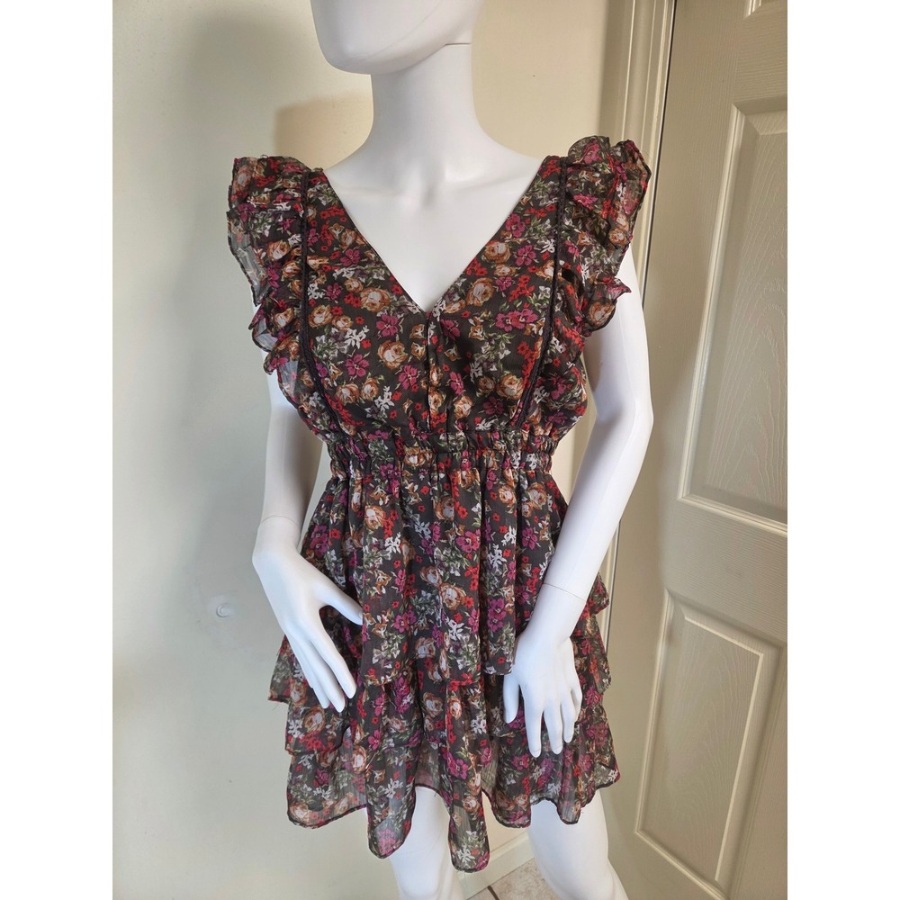 The Impeccable Pig Floral Ruffle Tiered Mini Dress Brown V-Neck Open Back Large
